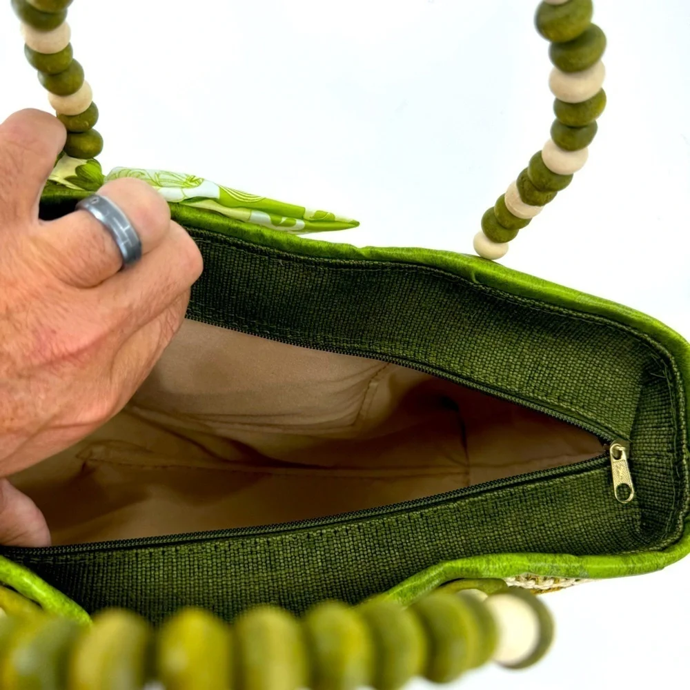 Unbranded Green/Tan Striped Tote with Beaded Handle‎ with Bow Detail